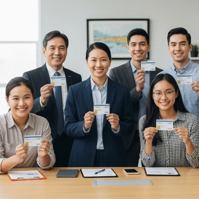 Diverse group of people in a modern, bright setting, each holding a different health insurance card, smiling confidently, indicating a variety of choices and personalized plans