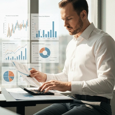 A person reviewing financial documents and a calculator, with charts and graphs related to health insurance costs in the background, clean image, no text, no words, no typography