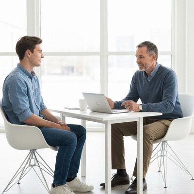 Young adult speaking with a healthcare navigator or insurance agent, asking questions about health insurance plans. No text, no words, no typography, 8K, natural lighting.