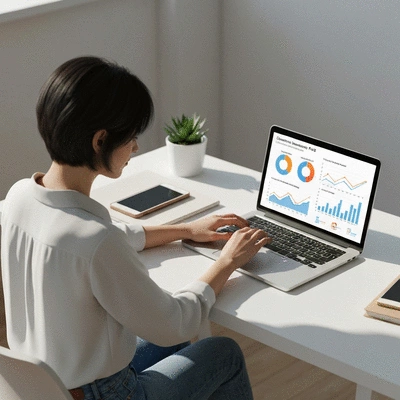 Person using a laptop to compare health insurance plans, with charts and graphs on screen, clean image