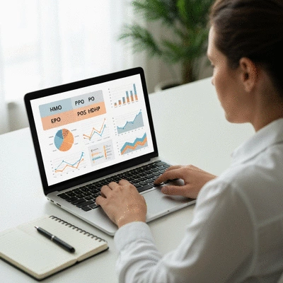 Person using a laptop to compare different health insurance plans, with charts and graphs on screen