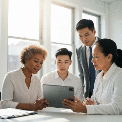 Diverse group of people reviewing health insurance documents and comparing options on a tablet, bright and clean office setting.