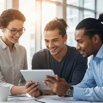 Diverse group of people looking at health insurance information on a tablet, smiling and nodding