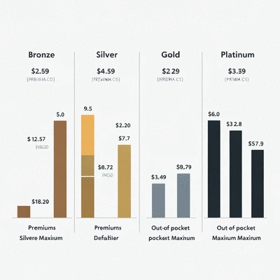 Detailed infographic comparing Bronze, Silver, Gold, and Platinum health insurance plans, highlighting differences in premiums and out-of-pocket costs, no text, no words, no typography, clean image