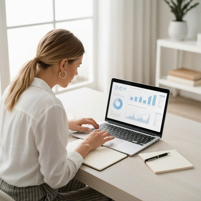 Person using a laptop to research healthcare costs, with a pen and notebook, clean and modern setting, natural lighting