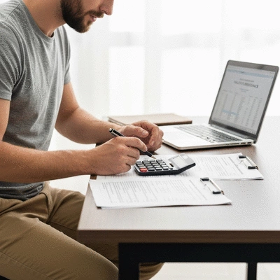 Person reviewing health insurance documents with a calculator and laptop