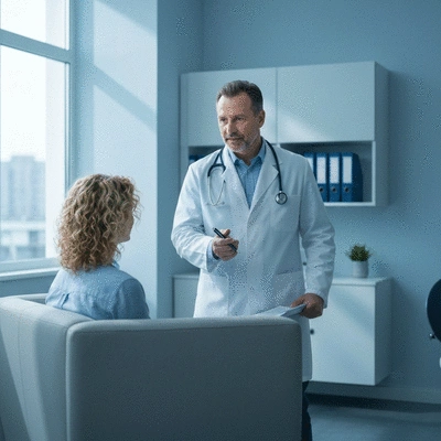 Doctor explaining preventive care to a patient in a modern clinic setting