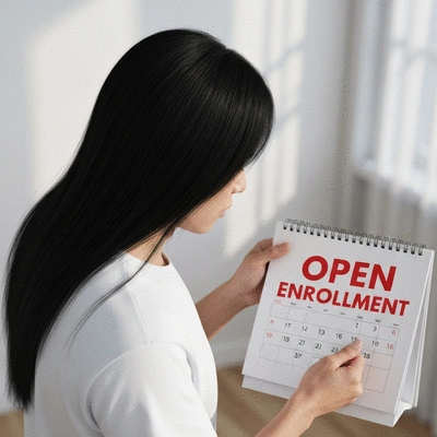 Person looking confused at a calendar with 'Open Enrollment' highlighted, illustrating a missed deadline, no text, no words, no typography, clean image