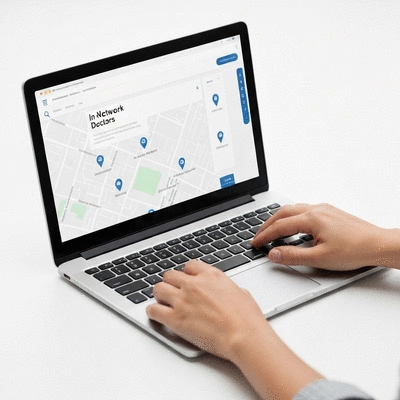 Close-up of hands using a laptop to search for in-network doctors on an insurance website