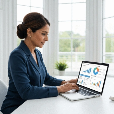 Person using a laptop to compare health insurance plans, with various charts and graphs on screen