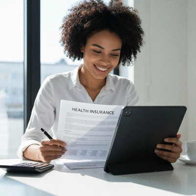 Person reviewing health insurance documents on a tablet, with a calculator and coffee on a clean desk, natural lighting