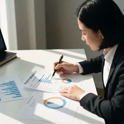 Person reviewing financial documents and charts related to health insurance, symbolizing financial stability evaluation