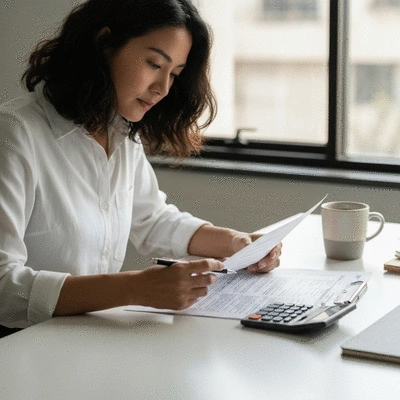 Person reviewing health insurance documents with a calculator and coffee on a clean, modern desk. No text, no words, no typography, 8K, natural lighting.