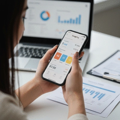 Close-up of a person's hands holding a smartphone, interacting with a budgeting app, with a laptop and financial documents in the background. No text, no words, no typography, 8K, natural lighting.