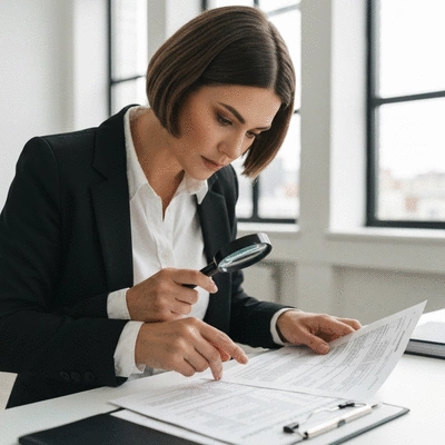 Person reviewing health insurance documents with a magnifying glass, illustrating network research