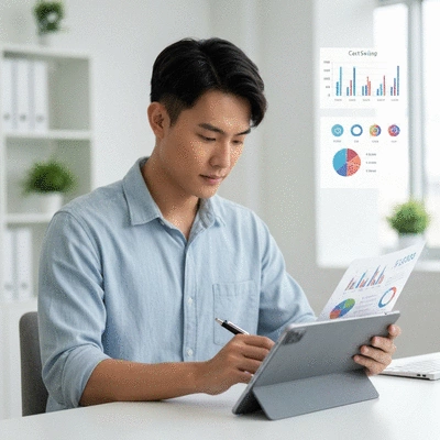 Person reviewing health insurance documents on a tablet, with graphs showing cost savings