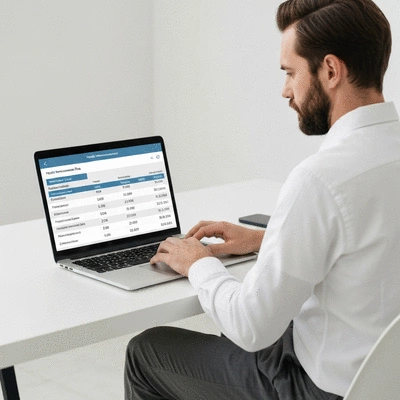 Person using a laptop to compare different health insurance plans on a screen with various options and costs, clean image, no text, no words, no typography, no labels