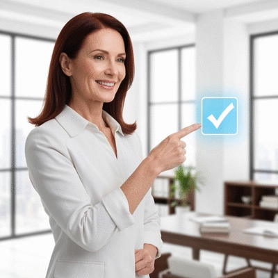 Person making a confident choice for health insurance, pointing at a digital screen with positive affirmation, clean image, no text, no words, no typography