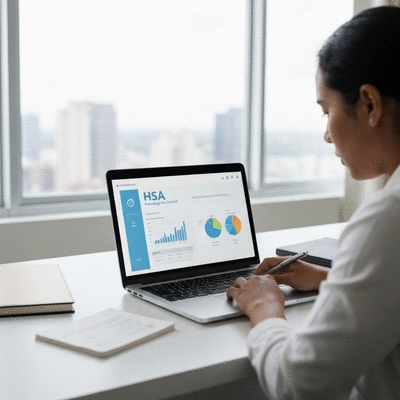 Person reviewing HSA benefits on a laptop with financial charts