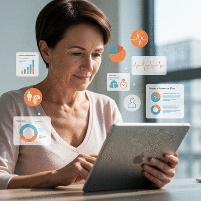 Person using a tablet to compare health insurance plans, with various health icons and charts floating around, clean image, no text, no words, no typography