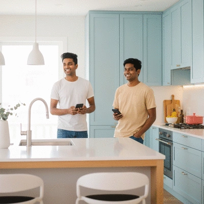 Person unpacking moving boxes in a new home, looking at a phone