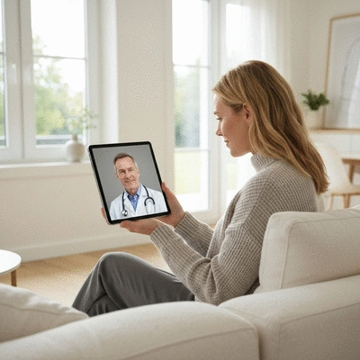 Woman having a virtual consultation with a doctor on a tablet