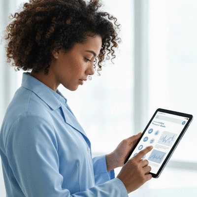 Person reviewing a personalized preventive care checklist on a tablet, with medical icons around