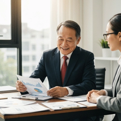 Insurance broker consulting with a client, showing documents on a table