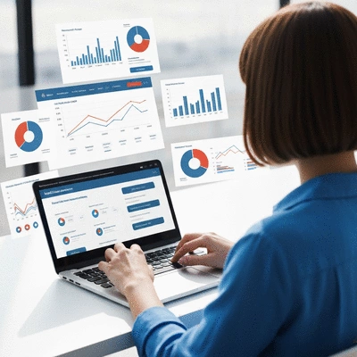 Person using a laptop to navigate the health insurance marketplace, surrounded by charts and graphs, clean image