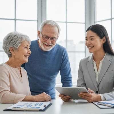Smiling senior couple discussing health insurance with a financial advisor
