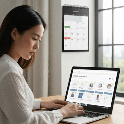 Person using a laptop to research health insurance options, with a calendar in the background, illustrating proactive planning, no text, no words, no typography, clean image