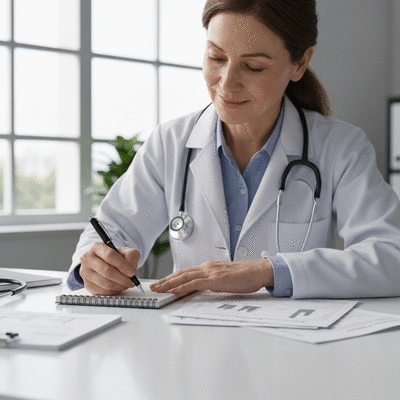 Person writing down health care priorities on a notepad with a pen, surrounded by medical notes