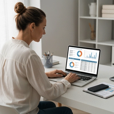 Person using a laptop to compare health insurance plans, with various financial and medical factors displayed on screen, clean and modern aesthetic, no text, no words, no typography