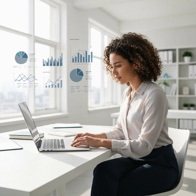 Person comparing health insurance options on a laptop, with charts and graphs in the background, no text, no words, no typography, clean image