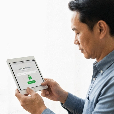 A person making an online payment for health insurance on a tablet or computer, showing a secure transaction interface, clean image, no text, no words, no typography, no labels