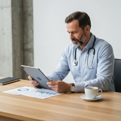 Person reviewing health insurance documents on a tablet with a cup of coffee