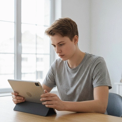 Young adult reviewing health insurance plan documents on a tablet, with a focused expression. No text, no words, no typography, 8K, natural lighting.