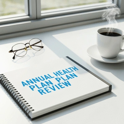 A calendar or planner with 'Annual Health Plan Review' highlighted, next to a pair of glasses and a cup of coffee, suggesting thoughtful consideration. No text, no words, no typography, 8K, natural lighting.