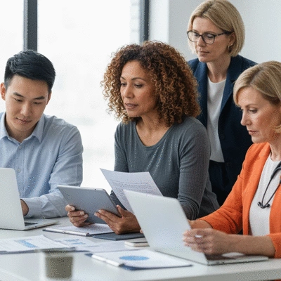 Diverse group of people reviewing health insurance documents on laptops and tablets, clean modern environment, no text, no words, no typography, 8K