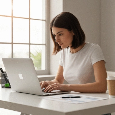 Person using a laptop to compare different health insurance plans on a clean, modern desk. No text, no words, no typography, 8K, natural lighting.