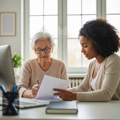 Elderly person reviewing healthcare documents with a younger family member, representing Medicare and Medicaid planning