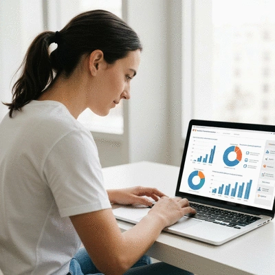 Person using a laptop to compare health insurance plans, with charts and graphs on screen, clean image, no text, no words, no typography, 8K