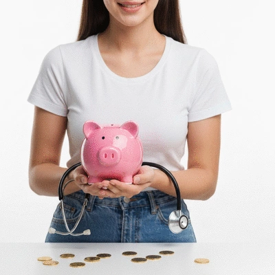 Person holding a piggy bank with a stethoscope and coins, representing health savings