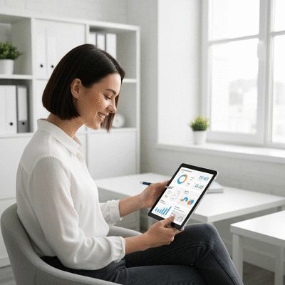 Person using a tablet to compare different health insurance plans, with charts and graphs on screen, clean modern office setting, no text, no words, no typography, 8K