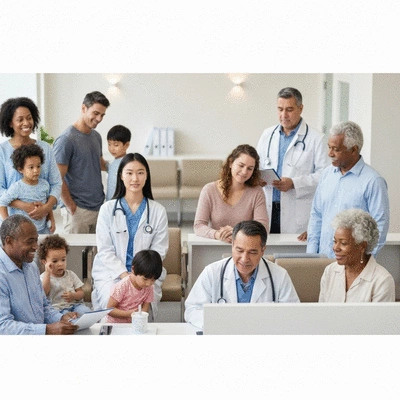 Diverse group of people, including families and individuals, receiving care at a community health clinic, representing Medicaid beneficiaries