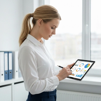 Person reviewing health insurance documents on a tablet, with graphs and charts visible