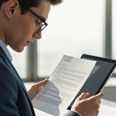 Person reviewing health insurance documents on a tablet, with a clean, modern aesthetic