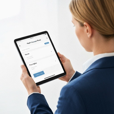 Person holding a tablet displaying health insurance portal with doctor and prescription information