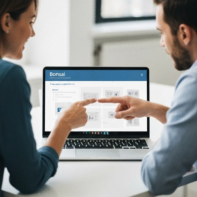 Freelancer and client collaborating on a project using Bonsai's platform on a laptop