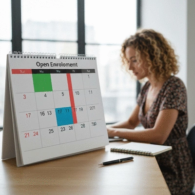 Calendar with highlighted open enrollment dates and a person planning on a laptop